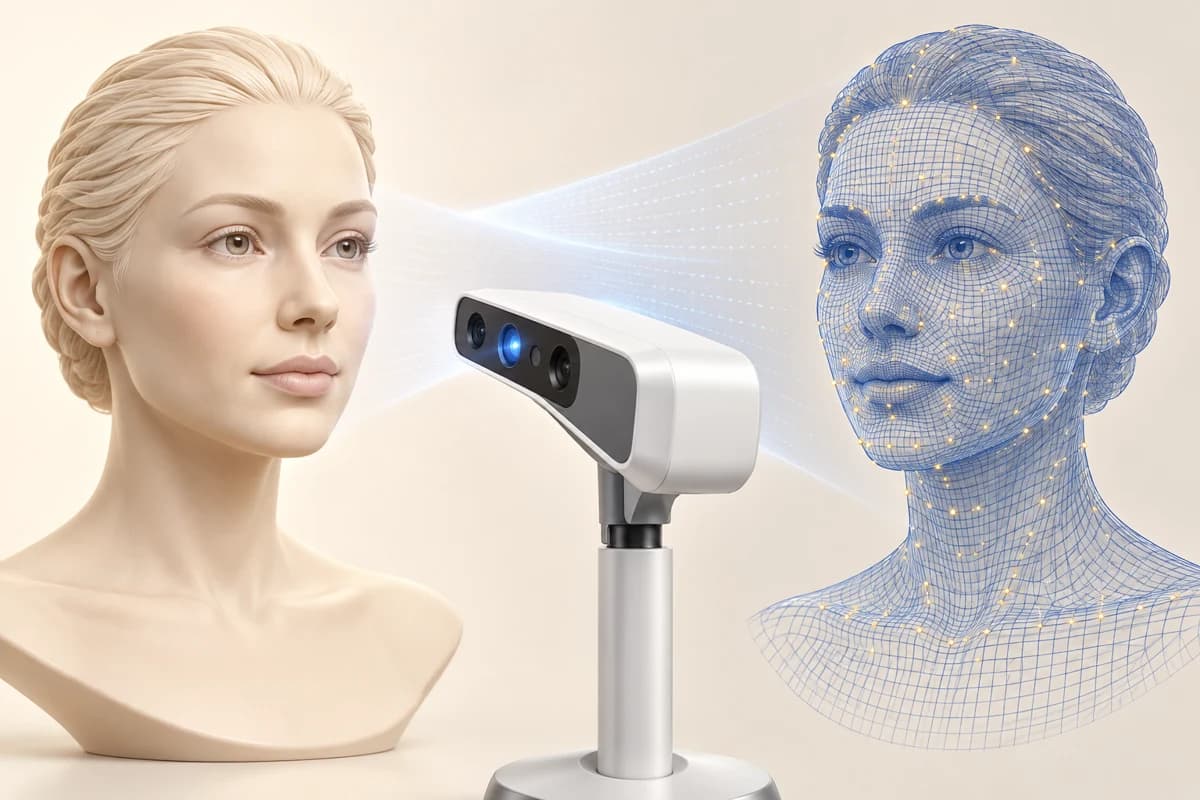 Illustration pédagogique : la forme du visage est enregistrée sous plusieurs angles, puis reconstruite en 3D pour étudier le sourire dans son ensemble.