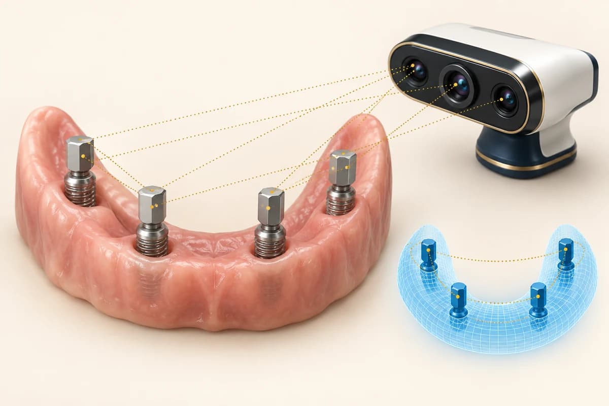 Illustration pédagogique : des repères fixés sur les implants sont observés par une caméra. Leur position relative est convertie en données pour concevoir le bridge.