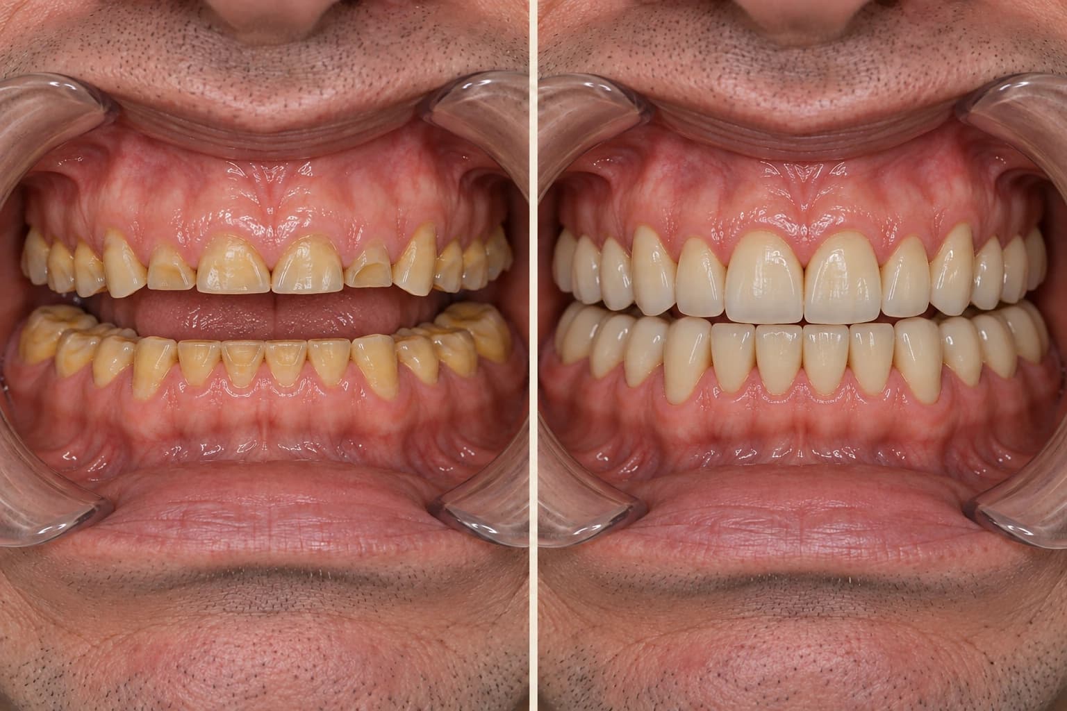Simulation pédagogique, en vue de face. À gauche : usure marquée des dents du haut et du bas, avec des bords raccourcis et aplatis. À droite : représentation d’une réhabilitation des deux arcades, visant à restaurer la hauteur et la forme des dents, à l’avant comme à l’arrière.